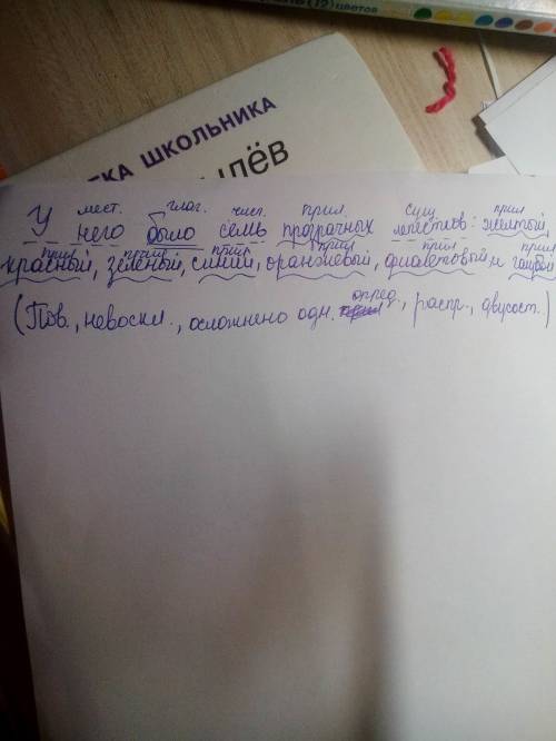 Нужно произвести синтаксический разбор предложения: у него было семь прозрачных лепестков: желтый, к