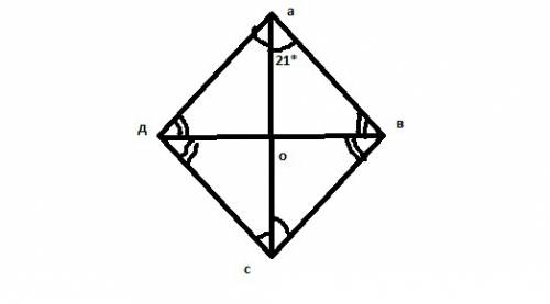 Диагональ ромба образует с его стороной угол в 21 градус.найдите углы ромба.