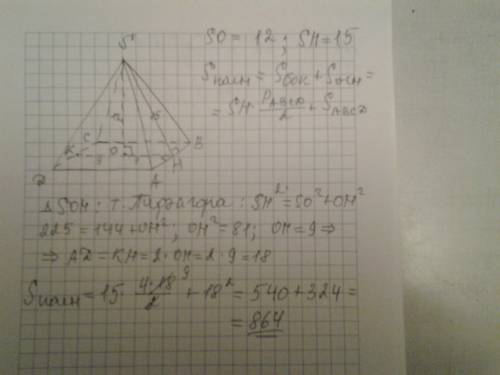 Висота правильної чотирикутної піраміди дорівнює 12 см а апофема 15 см обчислити площу повної поверх
