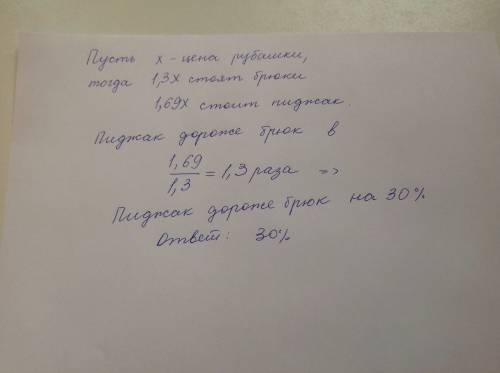 Из огэ 9 класса.если можно,с подробным решением брюки дороже рубашки на 30%,а пиджак дороже рубашки