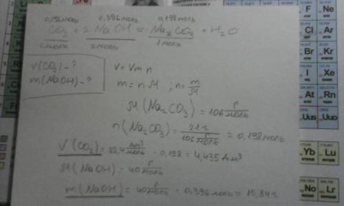 Найти объем оксида углерода (4) и массу гидроксида натрия при взаимодействии которых образуется 21 г