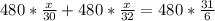 480* \frac{x}{30} + 480* \frac{x}{32} = 480* \frac{31}{6}