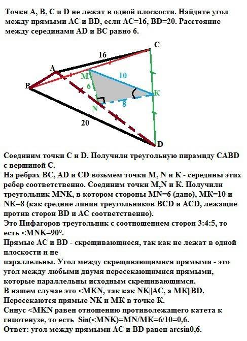 Хотя бы рисунок лучше с ! точки а, в, с и d не лежат в одной плоскости. найдите угол между прямыми а