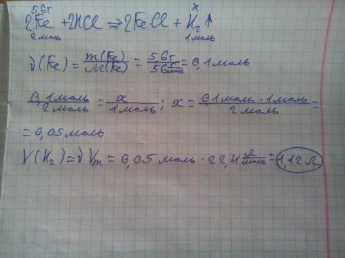 Визначте об'єм водню ( л,н. що виділиться при розчиненні 5,6 г.заліза в розчині соляної кислоти