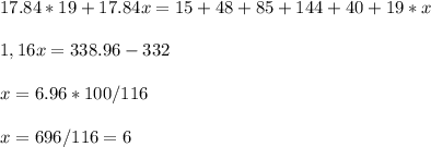 17.84*19+17.84x=15+48+85+144+40+19*x\\ \\1,16x= 338.96-332\\\\x=6.96*100/116\\\\x=696/116=6