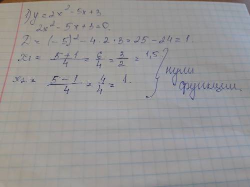 Найдите нули функции или покажите, что их нет 1)y=2x^2-5x+3 2)y=-3x^2+2