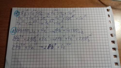 1.fe + cuso4 = feso4 + cu 2.pb(no3)2+2fe=2pb+fe(no3)2 полное и сокращенное уравнение надо сделать, !