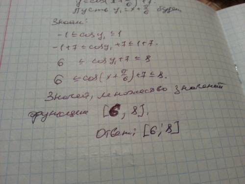 Найдите множество значений функции y=cos(x+п/6)+7 10 класс