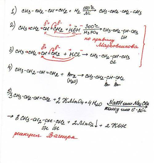 По записать реакции: бутен-1+ h2 бутен-1+h2o бутен-1+ hcl бутен-1+br2 бутен-1+kmno4+h2o зарание