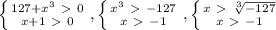 \left \{ {{127+ x^{3} \ \textgreater \ 0} \atop {x+1\ \textgreater \ 0}} \right. , \left \{ {{ x^{3}\ \textgreater \ -127 } \atop {x\ \textgreater \ -1}} \right. , \left \{ {{x\ \textgreater \ \sqrt[3]{-127} } \atop {x\ \textgreater \ -1}} \right.