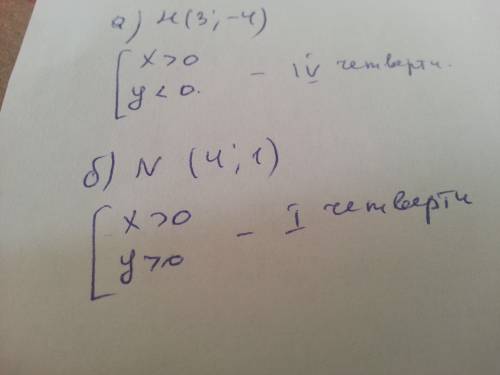ответе без построение : в каком кардинатном угле расположена точка a)h(3; -4) б)n(4; 1)?