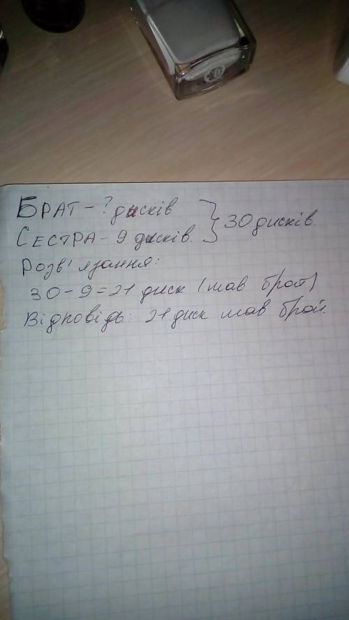 Як написати правильно умову. брат і сестра мали 30 дисків.скільки дисків було у брата ,якщо у сестри