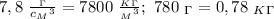 7,8 \ \frac{_\Gamma}{{c_M}^3} =7800 \ \frac{_K_\Gamma}{{_M}^3}; \ 780 \ _\Gamma = 0,78 \ _K_\Gamma