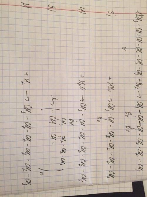 Гексен-2 1) галогенирование 2)гидрирование 3)гидрогалогенирование 4)гидратация 5)полимеризация , !