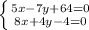 \left \{ {{5x-7y+64=0} \atop {8x+4y-4=0}} \right.