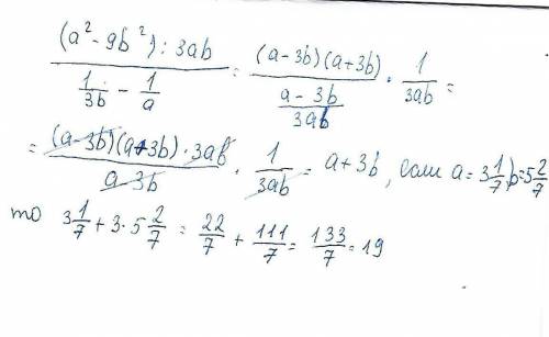 А^2-9b^2/3ab : (1/3b -1/a) а = 3 целых 1/7 b = 5 целых 2/7