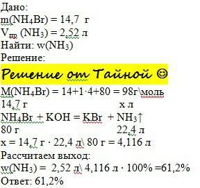 Під час нагрівання амоній броміду масою 14,7 г в присутності калій гідроксиду отримали амоніак обємо