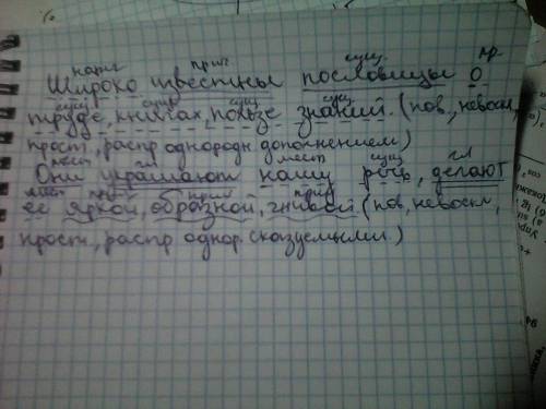 Сделайте синтаксический разбор предложения : широко известны пословицы о труде,книгах,пользе знаний.