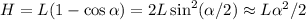 H = L(1-\cos\alpha) = 2L\sin^2(\alpha/2)\approx L\alpha^2/2