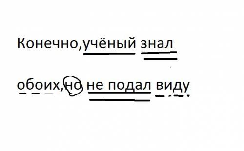 Выполните синтаксический разбор предложения конечно,учёный знал обоих,но не подал виду