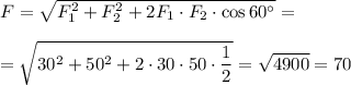 F=\sqrt{F_1^2+F_2^2+2F_1\cdot F_2\cdot \cos 60\textdegree}=\\\\=\sqrt{30^2+50^2+2\cdot 30\cdot 50\cdot \dfrac 12 }=\sqrt{4900}=70