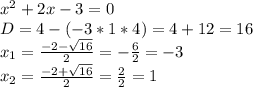 x^2+2x-3=0 \\ D=4-(-3*1*4)=4+12=16 \\ x_{1}= \frac{-2- \sqrt{16} }{2}=- \frac{6}{2}=-3 \\ x_{2}= \frac{-2+ \sqrt{16} }{2}= \frac{2}{2}=1