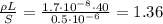 \frac{\rho L}{S} = \frac{1.7\cdot10^{-8}\cdot40}{0.5\cdot10^{-6}} = 1.36