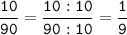 \tt\displaystyle\frac{10}{90}=\frac{10:10}{90:10}=\frac{1}{9}