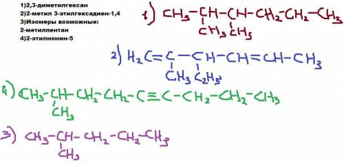 1)2,3-диметилгексан 2)2-метил 3-этилгексадиен-1,4 3)изомеры возможные: 2-метилпентан 4)2-этилнонин-5