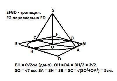 Заранее точка s равноудалена от сторон трапеции и находится на расстоянии √7 см от ее плоскости . на