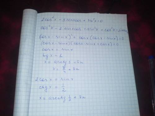 Решить уравнение 1. 2cos^2x-3sinx*cosx+sin^2x=0