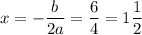 \displaystyle x= -\frac{b}{2a}= \frac{6}{4} =1 \frac{1}{2}