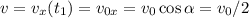 v = v_x(t_1) = v_{0x} = v_0\cos\alpha = v_0/2