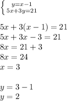 \left \{ {{y=x-1} \atop {5x+3y=21}} \right. \\ \\ 5x+3(x-1)=21 \\ 5x+3x-3=21 \\ 8x=21+3 \\ 8x=24 \\ x=3 \\ \\ y=3-1 \\ y=2