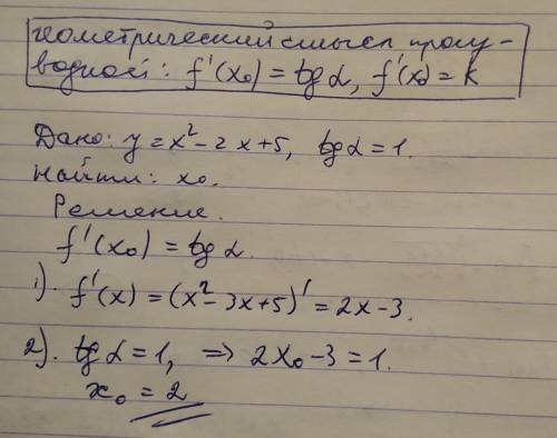 Вкакой точке графика функции у=х^2-3х+5 тангенс угла наклона касательной равен 1? а) (0; 5) б) (1;