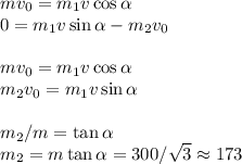 mv_0 = m_1v\cos\alpha\\&#10;0 = m_1v\sin\alpha - m_2v_0\\\\&#10;mv_0 = m_1v\cos\alpha\\&#10;m_2v_0 = m_1v\sin\alpha\\\\&#10;m_2/m = \tan\alpha\\&#10;m_2 = m\tan\alpha = 300/\sqrt{3} \approx 173&#10;&#10;