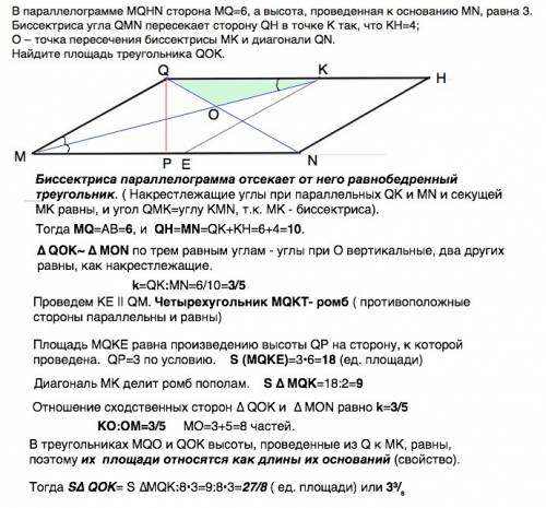 50 . грамотно решить ! в параллелограмме mqhn сторона mq=6, а высота, проведенная к основанию mn, ра