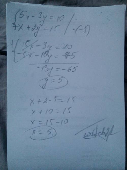 Решите систему уравнений 5x-3y=10 x+2y=15 методом сложения . 25 .