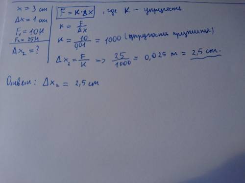 Длина не растянутой пружины 3 см. под действием силы 10 ньютонов пружина удлинилась на 1 см. какова