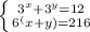 \left \{ {{3^x+3^y=12} \atop {6^(x+y)=216}} \right. \\