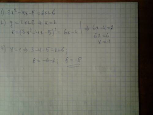 Прямая y=2x+b является касательной к графику функции y=3x^2-4x-5. найдите значение коэффициента b !