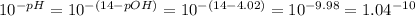 10^{-pH}=10^{-(14-pOH)}=10^{-(14-4.02)}=10^{-9.98}=1.04^{-10}