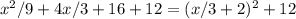 x^{2}/9+4x/3+16+12=(x/3+2)^2+12