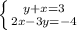 \left \{ {{y+x=3} \atop {2x-3y=-4}} \right.