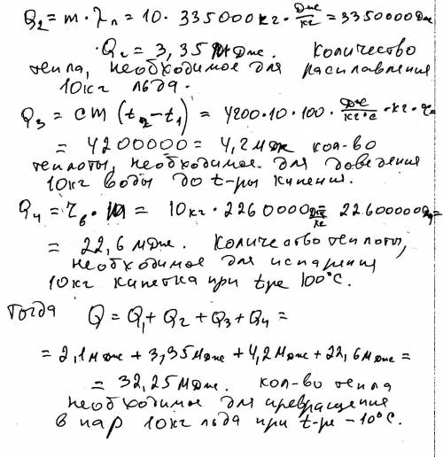 Определить количестно теплоты необходимое для преврашения 10 кг льда при -10 градусов в водиной пар