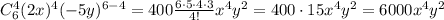 C_6^4(2x)^4(-5y)^{6-4} = 400\frac{6\cdot5\cdot4\cdot3}{4!}x^4y^2 = 400\cdot15x^4y^2 = 6000x^4y^2