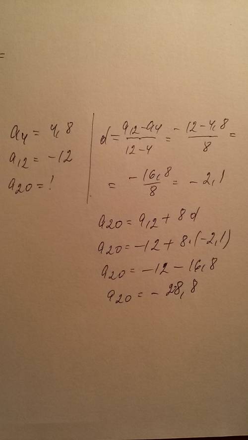 4член арифметической прогрессии равен 4,8,а ее 12 член равен -12.найдите 20 член прогрессии