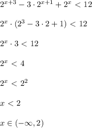 2^{x+3}-3\cdot 2^{x+1}+2^{x}\ \textless \ 12\\\\2^{x}\cdot (2^3-3\cdot 2+1)\ \textless \ 12\\\\2^{x}\cdot 3\ \textless \ 12\\\\2^{x}\ \textless \ 4\\\\2^{x}\ \textless \ 2^2\\\\x\ \textless \ 2\\\\x\in (-\infty ,2)