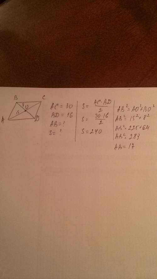 Диагонали ромба соответственно 16 см и 30 см найдите длину стороны ромба и вычислите площадь ромба с