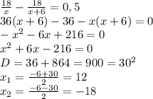 \frac{18}{x}- \frac{18}{x+6}=0,5 \\ 36(x+6)-36-x(x+6)=0 \\ -x^2-6x+216=0 \\ x^2+6x-216=0 \\ D=36+864=900=30^2 \\ x_{1} = \frac{-6+30}{2}=12 \\ x_{2}= \frac{-6-30}{2}=-18